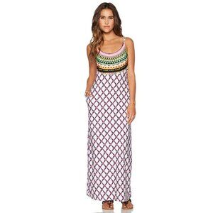 Trina Turk Kon Tiki White Multi-Pattern Maxi Dress W/ Beaded Accents Small